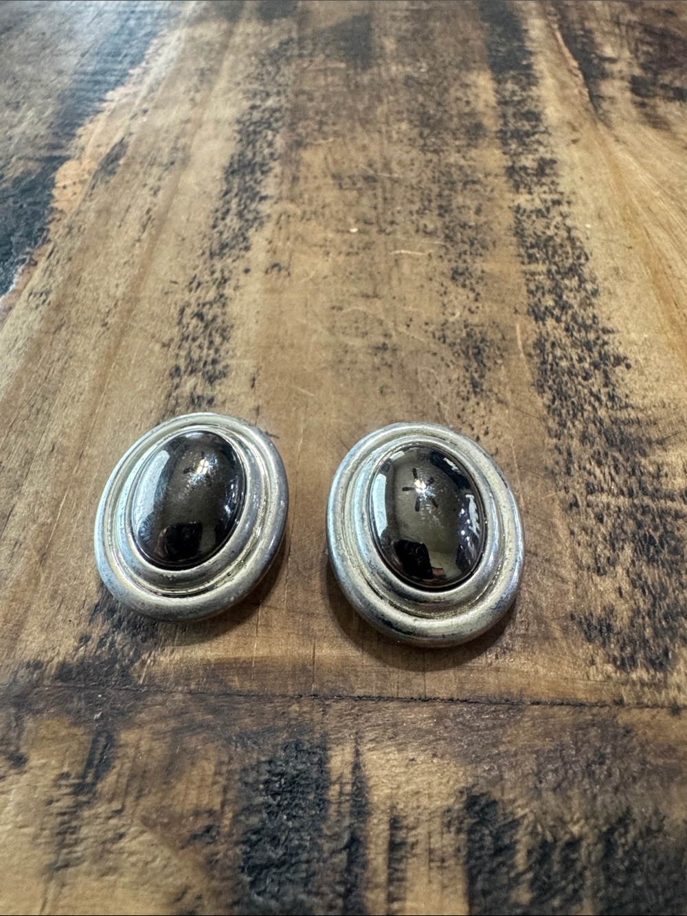 Liz Claiborne Silver-Tone Oval Earrings with Dark Gray Centers